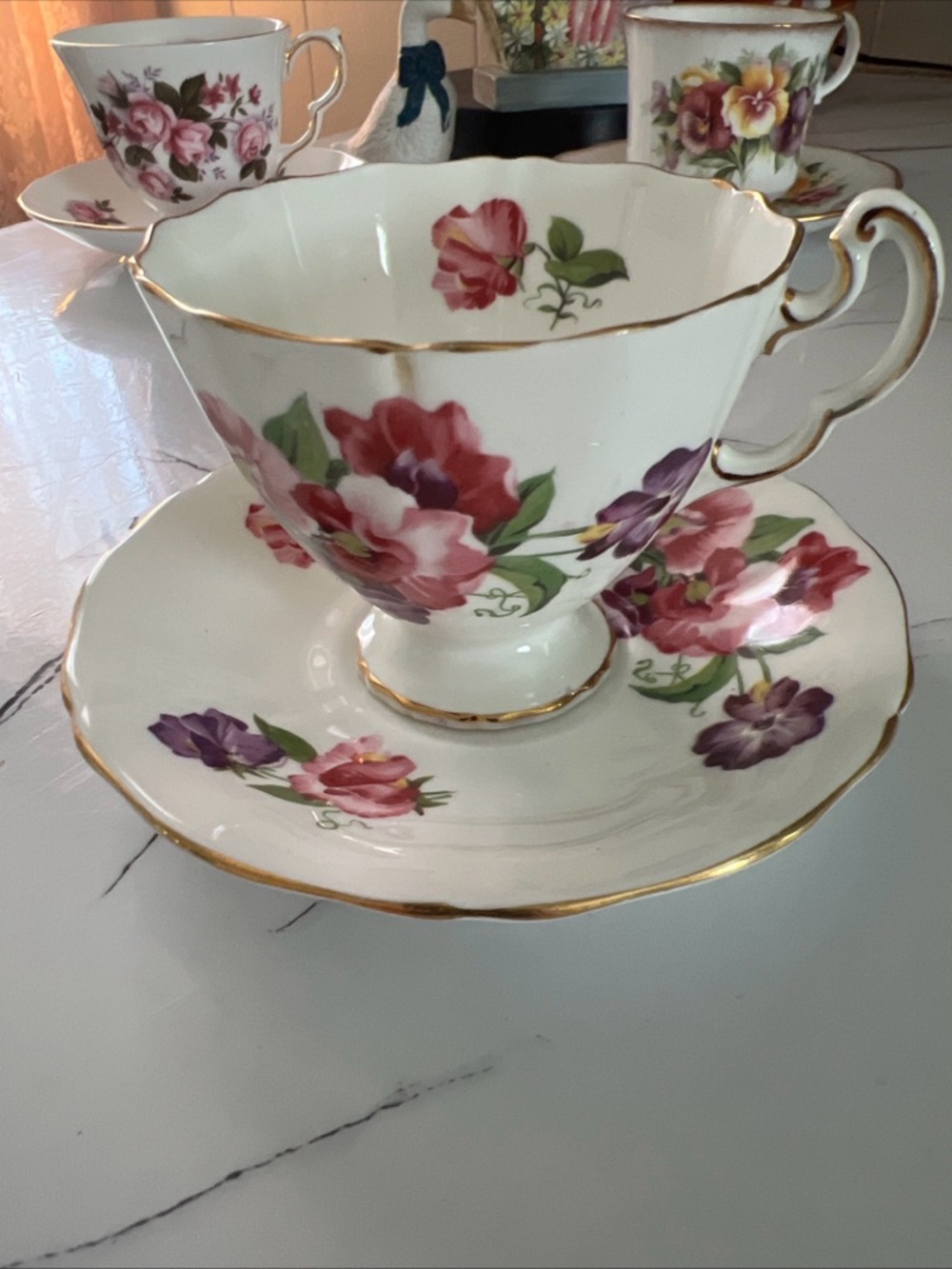 Rare Elegant Bone China Teacup & Saucer - White with Pink and Purple Flowers